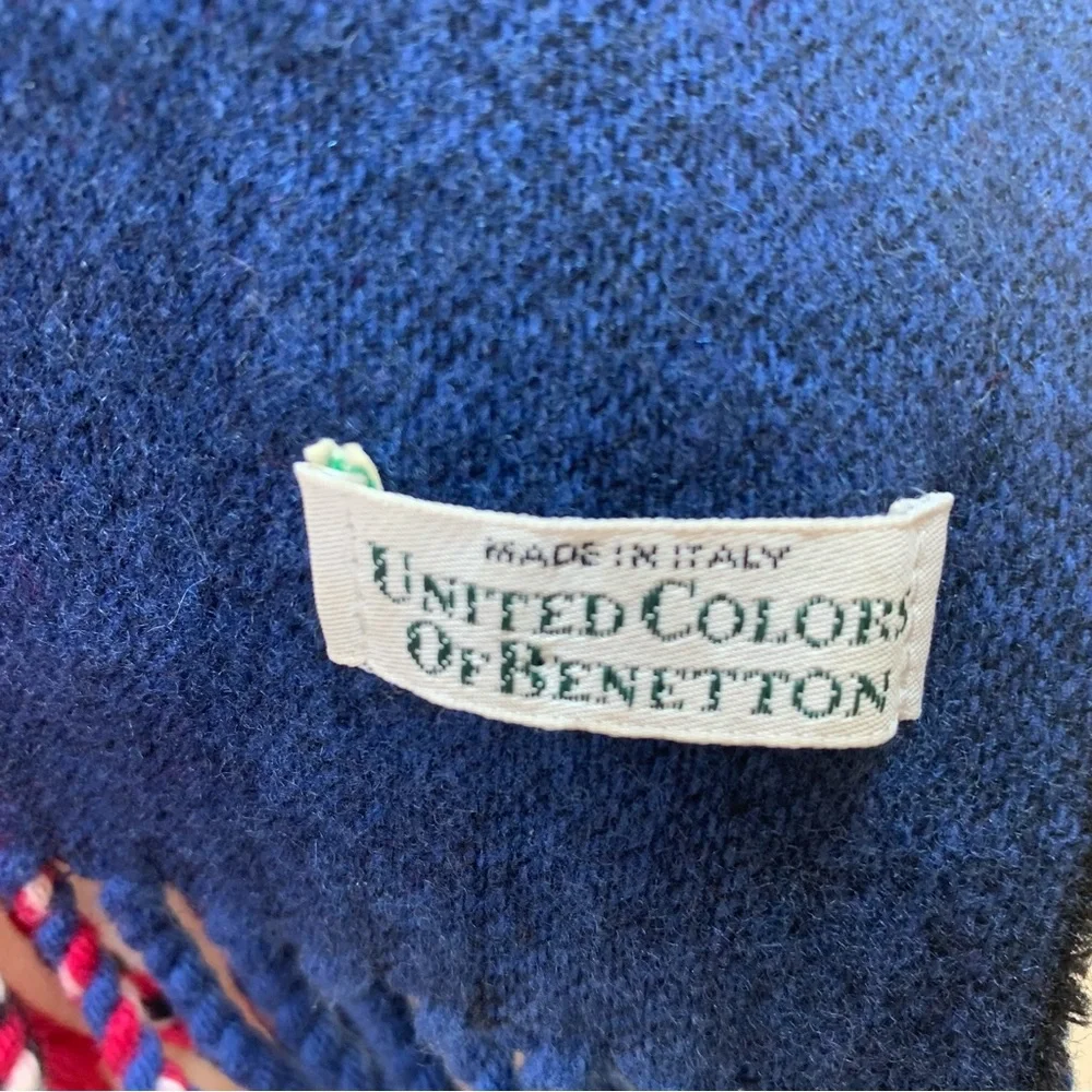 United Colors of Benetton 100% Wool Striped Scarf Navy‎ Red Black Beige